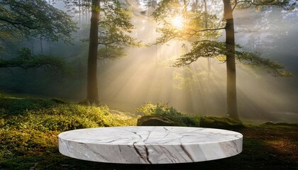 a marble platform in a misty forest with sunrays beaming through the trees