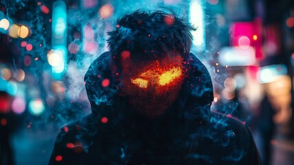A fantastic image of an evil cyborg or werewolf with neon glowing eyes, hiding his face in darkness and a raised high collar