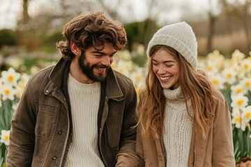 Fototapeta premium Young Couple Walking Hand in Hand Through a Beautiful Field of Flowers in Springtime Sunshine
