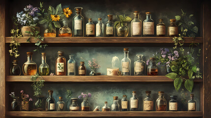 Vintage apothecary shelf with botanicals and herbal remedies. Alchemy. Illustration