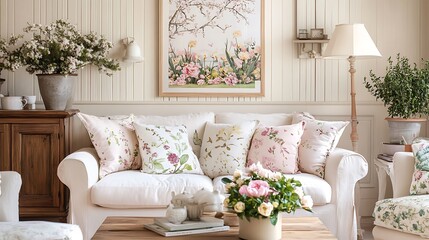 Naklejka premium A bright spring-themed living room with pastel decor, a wooden sideboard, potted plants, and a cozy white sofa adorned with floral cushions