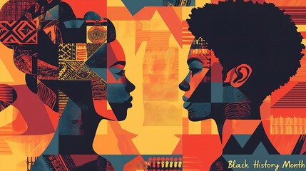 Black History Month artwork featuring two African figures with intricate geometric patterns and bold colors
