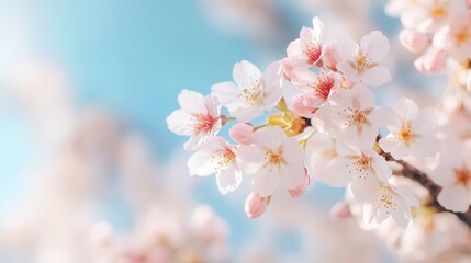 Obraz premium Close-Up of Blossoming Cherry Blossom Tree with Soft Pink and White Flowers against a Blue Sky Background