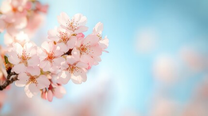 Close-Up of Beautiful Blossoming Cherry Blossom Tree in Soft Light Against Blue Sky Background