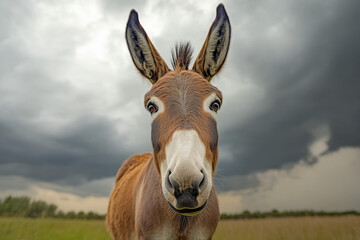 Donkey gazing calmly at camera, dramatic cloudy sky backdrop