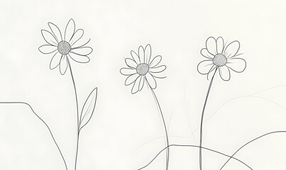 Elegant line art illustration of three daisies, minimalist floral design, simple botanical drawing, perfect for prints, cards, and home decor.