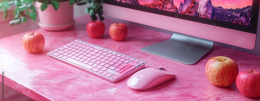Poster Modern gaming setup with RGB light on the desk, gamer keyboard, mouse, multiple screens in the background, streamer setup