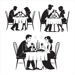 set of black different style Romantic Dinners, couple dinners vector silhouette	
