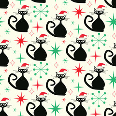 Mid Century Christmas Black Atomic Cats seamless pattern wearing Santa Hats with red and green atomic starbursts.