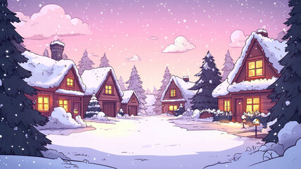 Fototapeta premium Winter village with snowcovered houses and christmas trees
