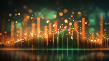 Dynamic luminous financial charts glowing in vibrant green and orange tones, surrounded by faint shimmering particles.