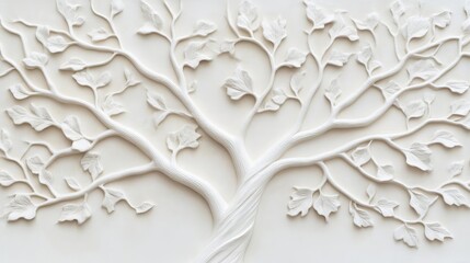 Detailed plaster carving of a tree, highlighting its organic shapes and texture