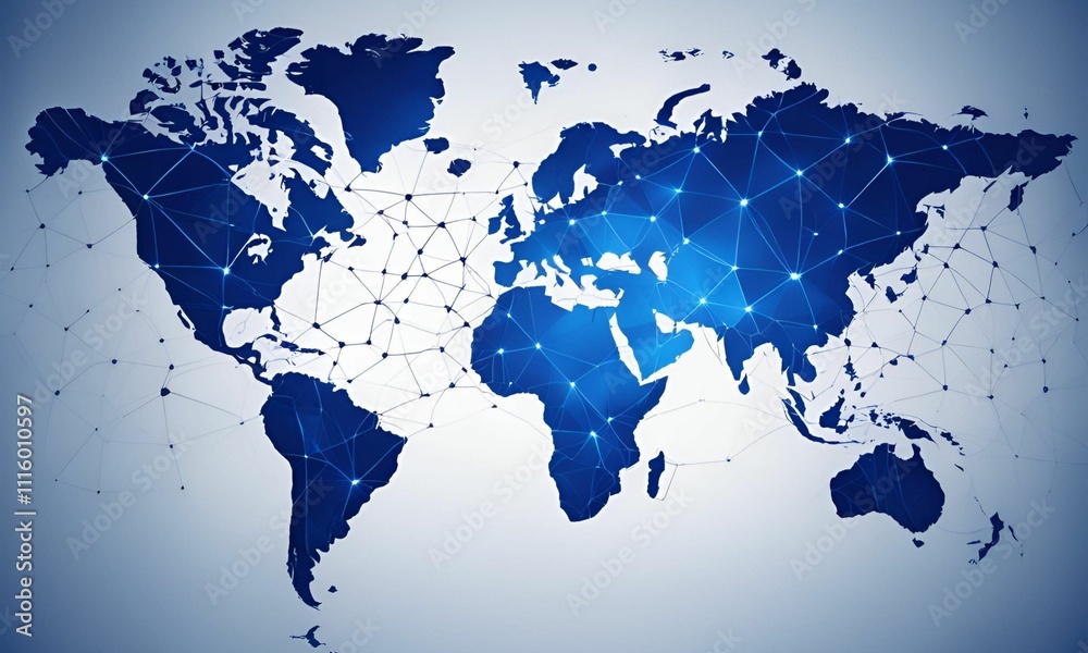 Wall mural abstract mash line and point scales on blue dark background with map of the world. glowing blue 3d m