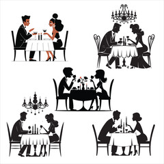 set of black different style Romantic Dinners, couple dinners vector silhouette	

