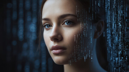 A digital face composed of flowing binary code, glowing softly, dark abstract background. beautiful abstract background