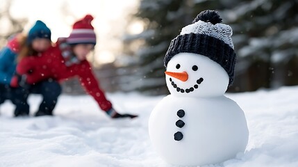 Fototapeta premium Cozy Winter Scene Depicting Two Children Playing in Snow with a Charming Snowman Wearing a Knitted Hat Against a Softly Blurred Snowy Background