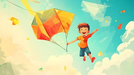 A joyful child flying a colorful kite in a bright, sunny sky.