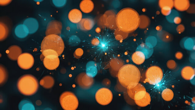 Abstract luminous scatter plot glowing in orange and teal, surrounded by dynamic light particles, futuristic ambiance