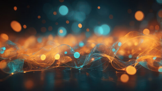 Abstract luminous scatter plot glowing in orange and teal, surrounded by dynamic light particles, futuristic ambiance