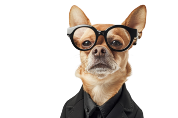 Stylish dog wearing glasses and a suit, isolated on white background.