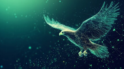 Abstract polygonal eagle in flight, dark teal background.