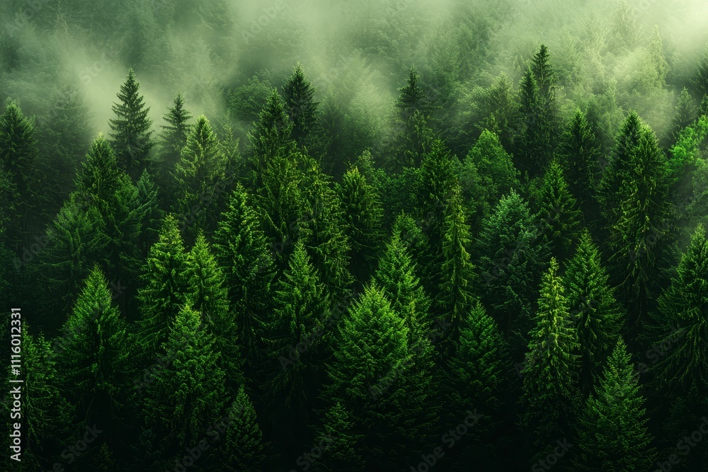 Poster a hazy landscape with fir trees in a hipster vintage retro style