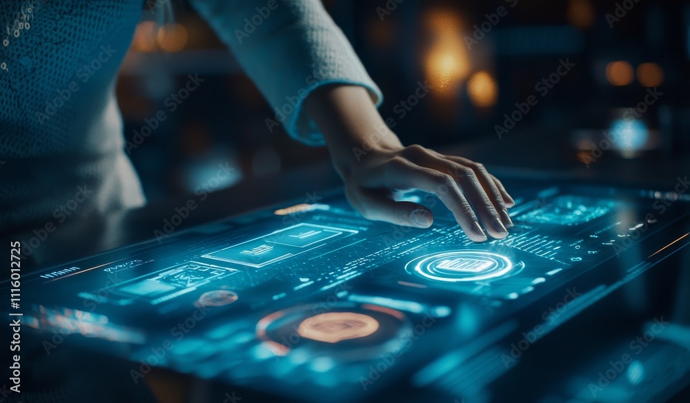 Poster An online documentation database and document management system concept with a businesswoman working on a laptop with a virtual screen. File management process automation to manage files efficiently.