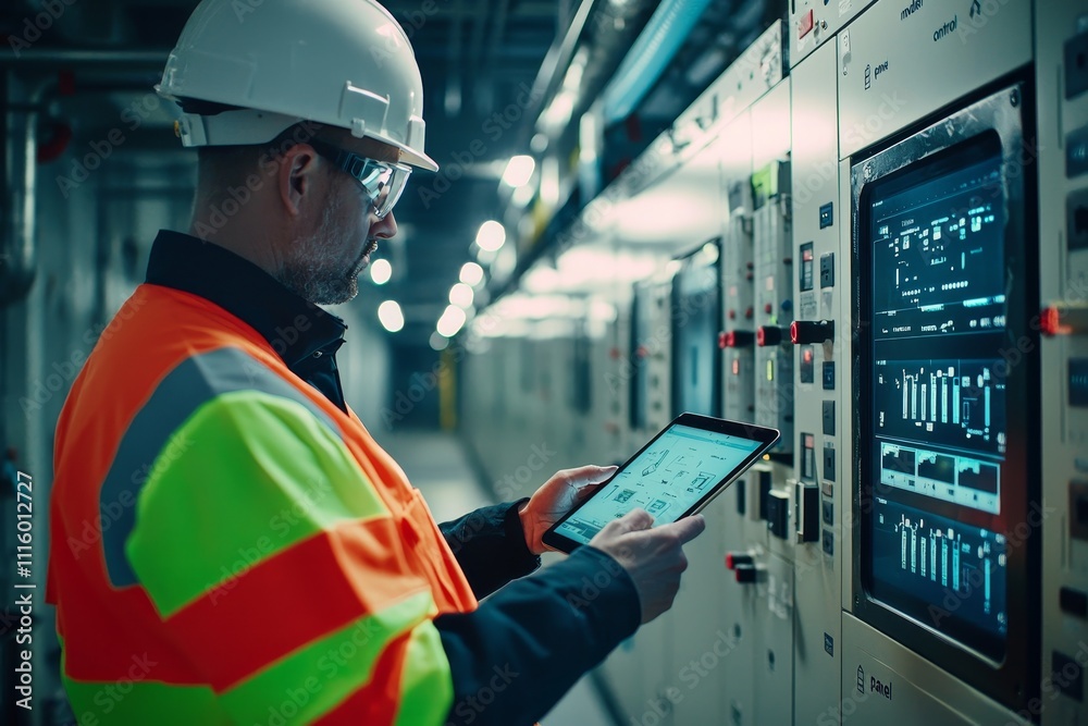 Poster a technician inspects the control panel screen system for to generate electricity for the factory in