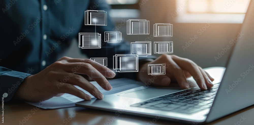 Poster Document Management System (DMS). Online documentation database and document management concept. Automated software for managing and archiving information.