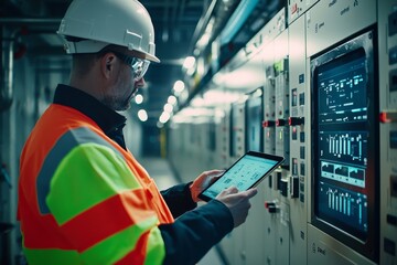 Fototapeta na wymiar A technician inspects the control panel screen system for to generate electricity for the factory in a manufacturing industry. An electrical engineer monitors the electrical system in a control room