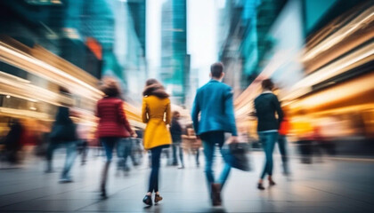 Blurred people in motion on bright street. 
