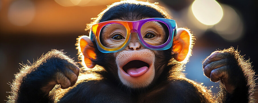 Monkey in colorful glasses, pulling a silly face