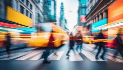Blurred people in motion on bright street. 