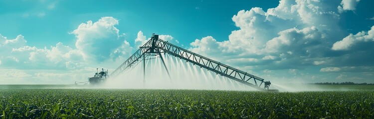 Irrigation system watering corn field in summer