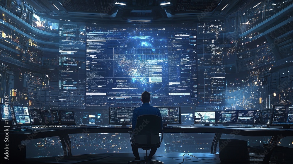 Poster Back View of Skilled IT Consultant or Systems Administrator checking and saving data in darkened office workplace. Concept of networking technologies.