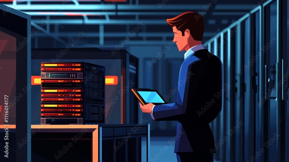 Aufkleber IT Specialist Using Tablet Computer. Server Farm Cloud Computing Facility with System Administrator. Cybersecurity Network for Data Protection.
