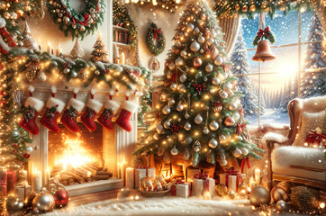 Merry Christmas and happy new year. Christmas tree and fireplace background.
