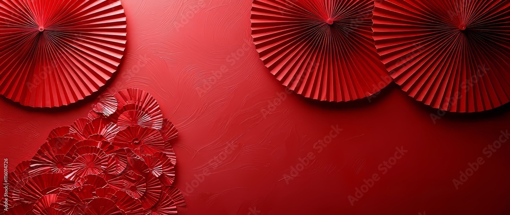 Aufkleber Intended for the Chinese New Year 2023 year of rabbit concept. A set of oriental asian style paper fans arranged on a red table in a minimalistic style.