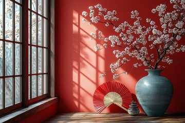 Displaying products on a wooden table with Chinese New Year decorations over a red background.