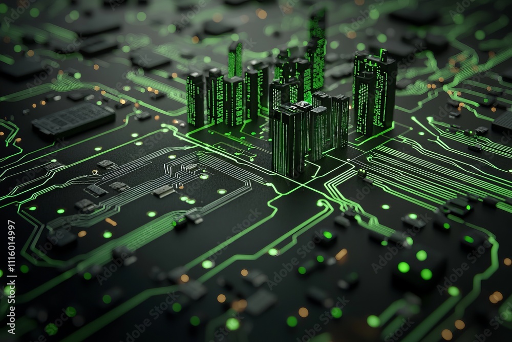 Leinwandbilder Concept of generative stock with a smart city on a circuit board background