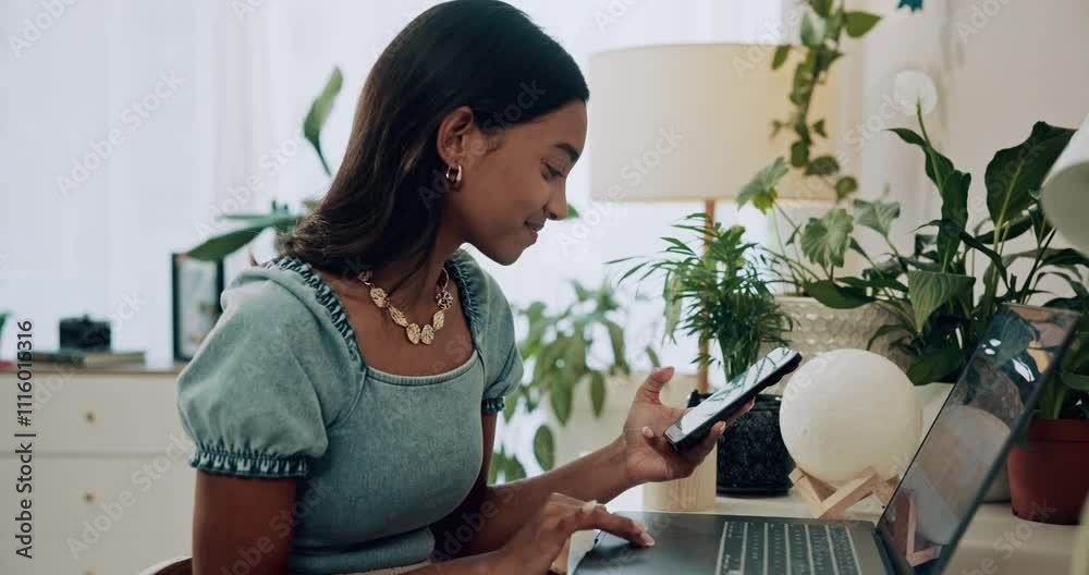 Poster remote work from home, laptop and woman with smartphone, typing and smile with network. person, copy