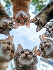 cats of various breeds gather together to form an abstract circular shape.  Looking Down on the...