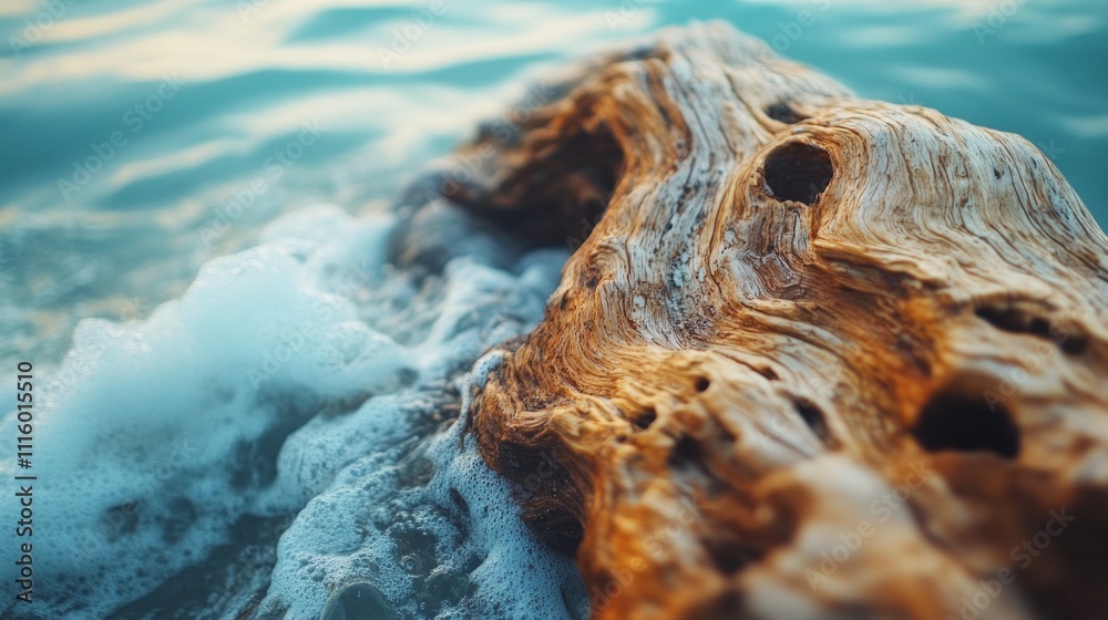 Poster a striking piece of driftwood rests partially submerged in crystalline water, showcasing intricate t