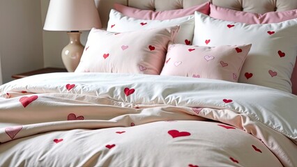 A close-up of a luxurious white bedspread adorned with delicate, embroidered pink and red hearts. The fabric has a silky texture that catches the light, creating a soft sheen