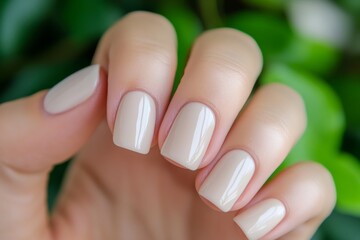 Elegant neutral nail polish showcasing manicure in bright natural setting