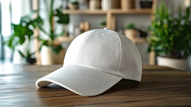 White baseball cap with small embroidered logo on wooden table, photographed with soft natural lighting and blurred indoor background featuring plants, lifestyle aesthetic.