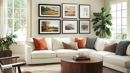 Fototapeta premium Modern living room with sectional sofa, artwork gallery wall, and coffee table.