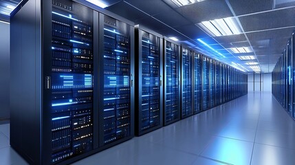 3D rendering of a data center with server racks and a light blue background. Computer mainframe in modern, futuristic technology, a super computer room interior design.