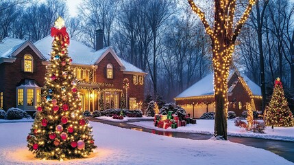 Fototapeta premium Festive snow-covered home with Christmas tree and lights.