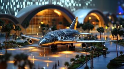 A detailed model airplane displayed in a modern architectural setting with ambient lighting.